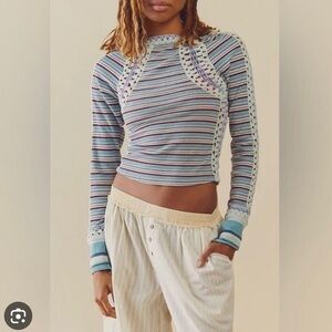 NEW FREE PEOPLE SUNNY DAY CUFF WAFFLE CROCHET TRIM STRIPE TOP SHIRT